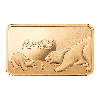 A picture of a 5 gram Coca-Cola® Holiday Polar Bears Gold Bar